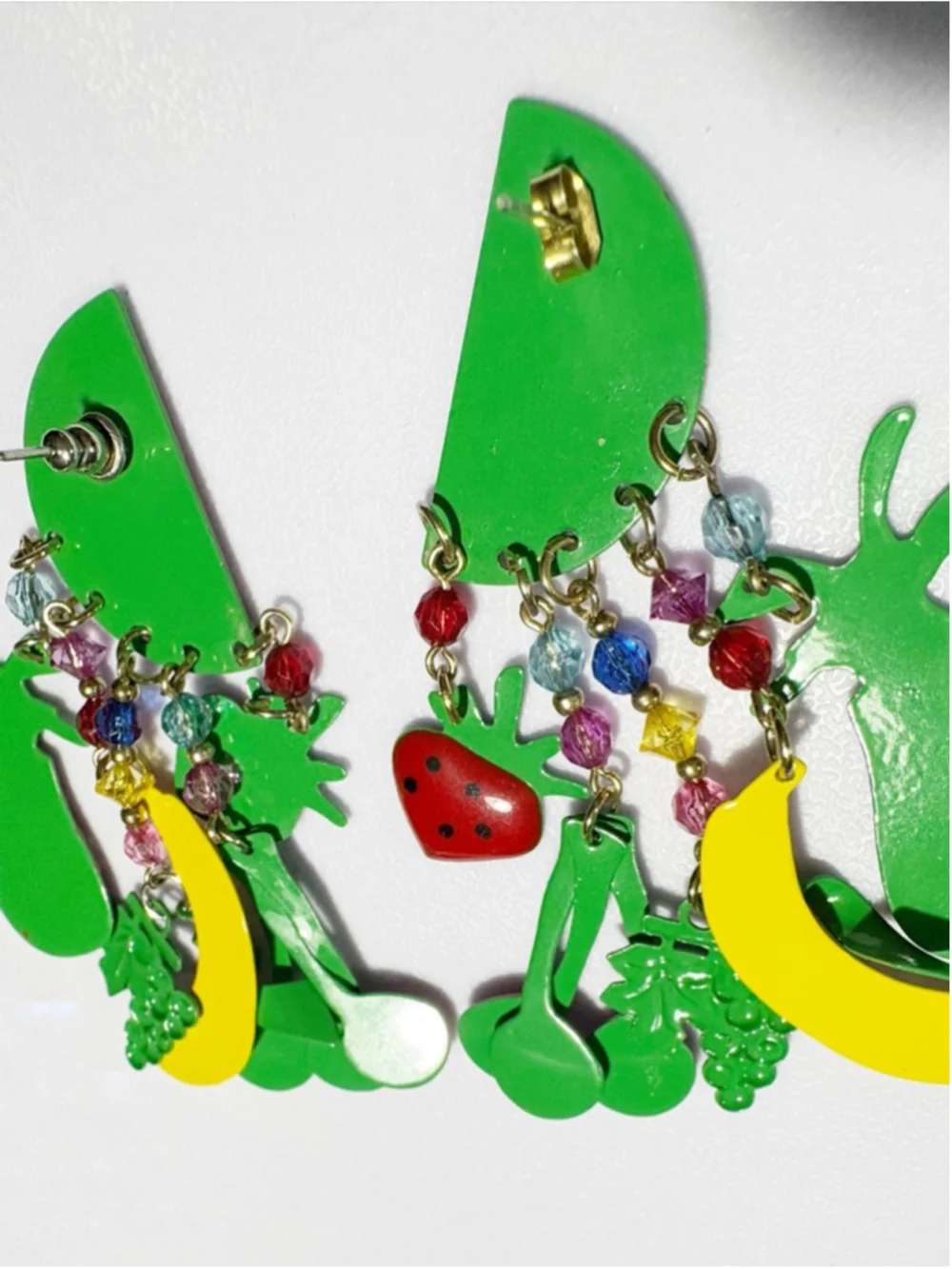Vintage Fruit Salad Enamel Dangle Earrings | Watermelon Cherry Banana Pineapple